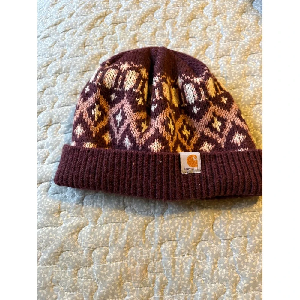 Carhartt Beanie Women OS Burgundy Excellent Fair Isle Knit Wool Blend Hat